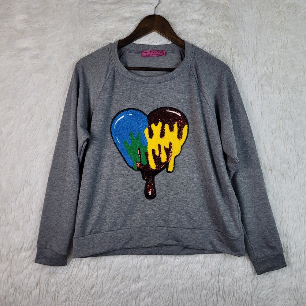 Melissa Masse‎ Womens M Applique Patch Sequin Heart Sweatshirt